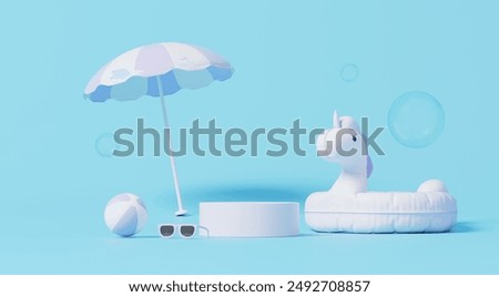 3D render, podium display with summer element inflatable unicorn, umbrella and beach ball on blue background, pastel scene for product showing.