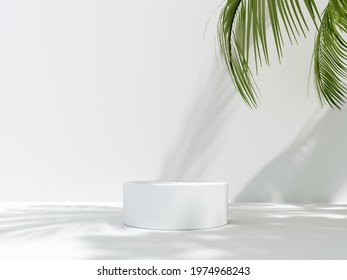 3D Render Podium, Showcase On Light White Background With Shadows In Green Tropical Leaves Of Plants. Abstract Natural,organic Background For Advertising Products, Spa Body Care, Relaxation, Health.