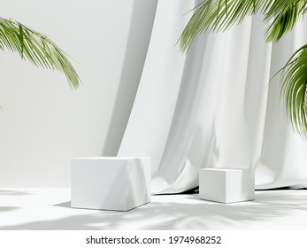 3D render podium, showcase on light white background with shadows in green tropical leaves of plants. Abstract natural,organic background for advertising products, spa body care, relaxation, health.