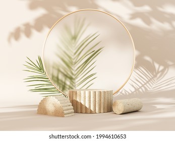 3D Render Podium, Showcase On Light Pastel Background With Shadows In Green Tropical Leaves Of Plants. Abstract Natural,organic Background For Advertising Products, Spa Body Care, Relaxation, Health.