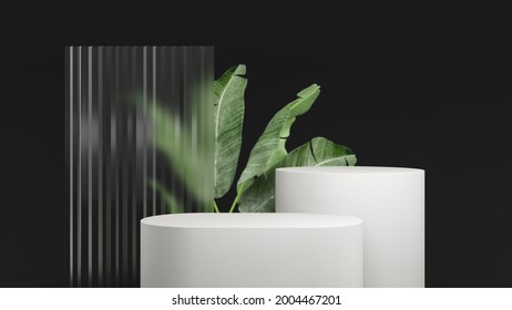 3D render podium, showcase on dark black background with green tropical leaves of plants. Abstract natural,organic background for advertising products, spa body care, relaxation, health.