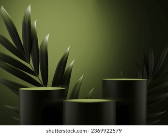 3D render podium, showcase on dark green background with palm tropical leaves of plants. Abstract natural, eco organic background for advertising products, spa body care, relaxation, health. - Powered by Shutterstock