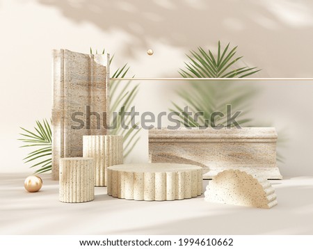 3D render podium, showcase on light pastel background with shadows in green tropical leaves of plants. Abstract natural,organic background for advertising products, spa body care, relaxation, health.
