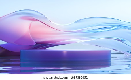 3D-Rendering-Podium mit transparentem Glasband auf Wasser. Abstrakter geometrischer Hintergrund in hellvioletten und blauen Farben. Moderne Plattform für Werbebanner, Produktpräsentation.