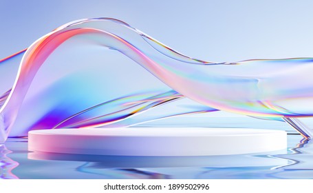 3d render podium with transparent glass wavy ribbon on water. Abstract geometric background in holographic blue colors. Modern platform mock up for promotion banners, product show presentation