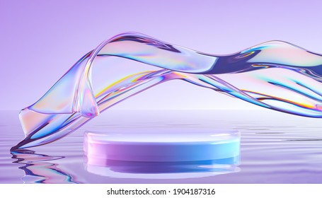 3d render podium and transparent glass wavy ribbon water  Abstract geometric background in holographic blue colors  Modern platform mock up for promotion banners  product show presentation