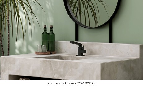 3D Render Polished Cement Wash Basin In Stand Alone Vanity Counter With Round Mirror In Sage Green Bathroom. Tropical Green Leaves Plants, Sunlight, Foliages. Blank Empty Space, Products Display.