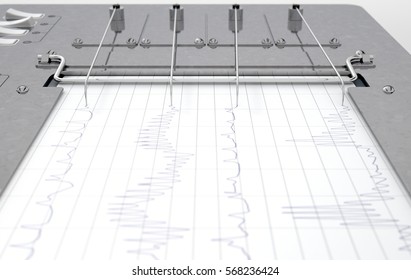 A 3D Render Of A Polygraph Lie Detector Machine Drawing Red Lines On Graph Paper
