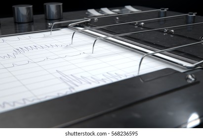A 3D Render Of A Polygraph Lie Detector Machine Drawing Red Lines On Graph Paper