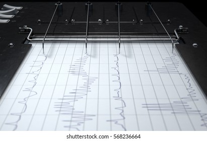 A 3D render of a polygraph lie detector machine drawing red lines on graph paper