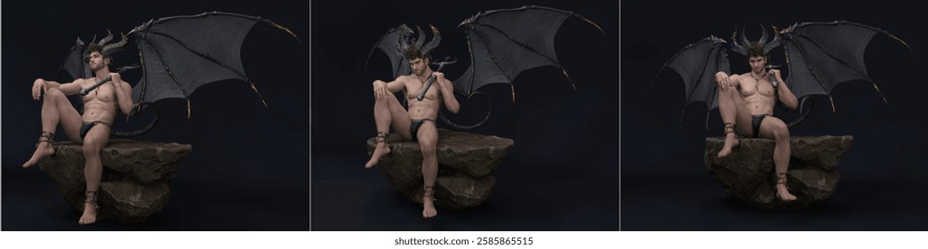 3D Render : Portrait of handsome male Demon character, different angle. 