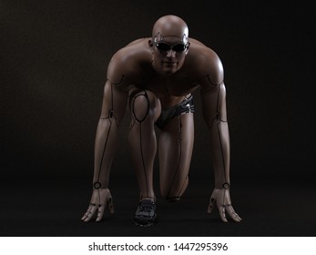 3D Render : The Portrait Of Male Cyborg Pose As Running, Ready, Get Set, Go