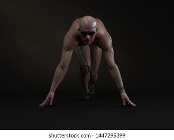 3D Render : The Portrait Of Male Cyborg Pose As Running, Ready, Get Set, Go