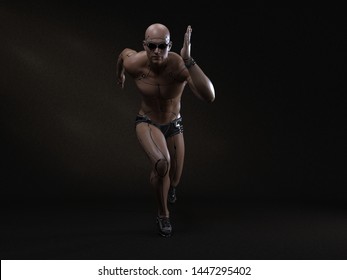 3D Render : The Portrait Of Male Cyborg Pose As Running, Ready, Get Set, Go