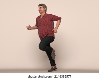 3D Render : Portrait of running endomorph (overweight) plus size male body type with smiling face