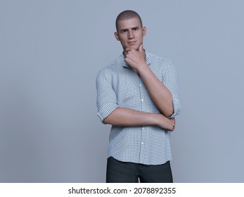 3D Render : Portrait Of Skinhead Handsome Guy In Isolated On Gray Background