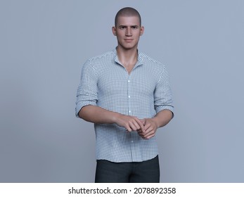 3D Render : Portrait Of Skinhead Handsome Guy In Isolated On Gray Background