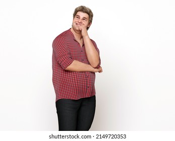 3D Render : Portrait of standing  endomorph (overweight) plus size male body type with thinking gesture