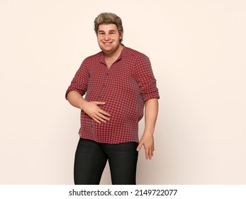 3D Render : Portrait of standing  endomorph (overweight) plus size male body type with his hand on his stomach gesture