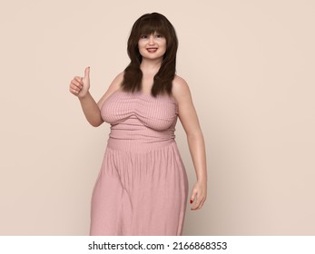 3D Render : Portrait of standing  endomorph (overweight) female body type, Smiling Plus size woman happily posting thumb up body gesture
