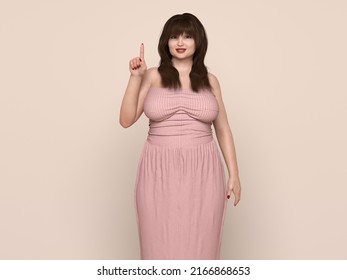 3D Render : Portrait of standing  endomorph (overweight) female body type, Smiling Plus size woman happily posting point out index finger body gesture