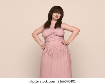 3D Render : Portrait of standing  endomorph (overweight) female body type, Smiling Plus size woman happily  stand akimbo arms on waist body gesture