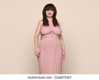 3D Render : Portrait of standing  endomorph (overweight) female body type, Smiling Plus size woman is happily standing in the studio background