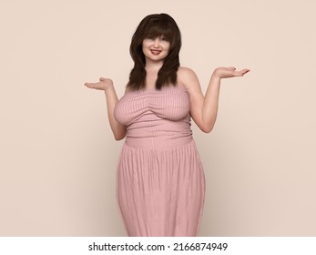 3D Render : Portrait of standing  endomorph (overweight) female body type, Smiling Plus size woman is  shrugging with hands spread sideways