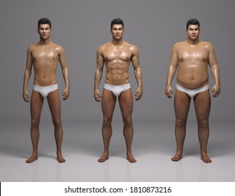 3D Render : the portrait of standing male body type : ectomorph (skinny type), mesomorph (muscular type), endomorph(heavy weight type)