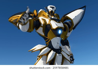 3d render portrait of strong sci-fi mech samurai warrior with heavy white, gray, gold scratched metal armor, pointing its index finger of one hand at you, at camera, you are next on blue background.