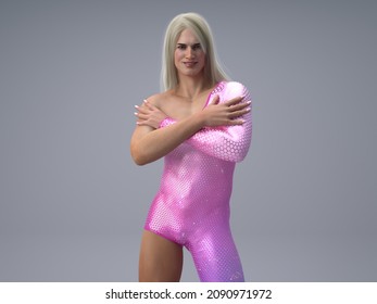 3D Render : Portrait Of A Transgender Woman With Shiny Sparkling Pink Color Costume And Blonde Hair. A Self Confident Transgender Woman With Lively Body Posture In The Grey Studio Background