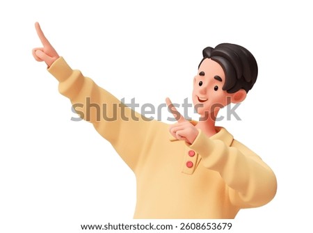 3d render portrait of young handsome smiling asian brunette guy with open mouth in dynamic pose looking pointing with two hands index fingers in empty space, advice, great offer on white background.