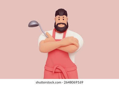 3d render portrait of young smiling casual funny cute handsome bearded chef man in red apron, t-shirt holding stainless steel ladle in one hand, arms crossed on chest, ready to cook on pink background