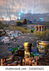 A 3d Render Of A Post Apocalyptic Wasteland With Ruined Buildings.