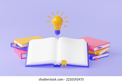 3d Render, Power Of Knowledge Concept With Open Book And Glowing Light Bulb And Stacked Textbooks Around. Education, School Learning, Creative Idea, Inspiration Illustration In. 3D Illustration