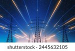 3D Render Of Power Transmission Lines with 3D Digital Visualization of Electricity. Fantastic Visuals of Night Sky Full of Bright Stars. Concept of Renewable Green Energy Powering Human Progress.