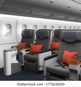 3D Render Of Premium Economy Cabin With Safe Comfortable Seats For Travelling On A Passenger Airplane