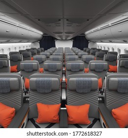 3D Render Of Premium Economy Cabin With Safe Comfortable Seats For Travelling On A Passenger Airplane