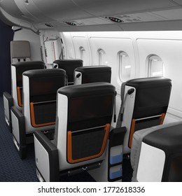 3D Render Of Premium Economy Cabin With Safe Comfortable Seats For Travelling On A Passenger Airplane