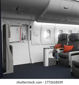 3D Render Of Premium Economy Cabin With Safe Comfortable Seats For Travelling On A Passenger Airplane