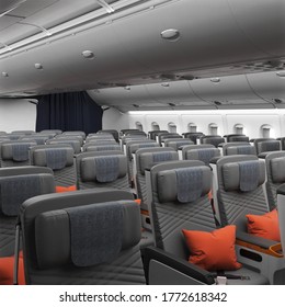 3D Render Of Premium Economy Cabin With Safe Comfortable Seats For Travelling On A Passenger Airplane