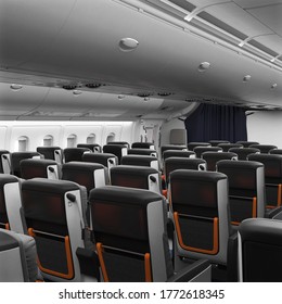 3D Render Of Premium Economy Cabin With Safe Comfortable Seats For Travelling On A Passenger Airplane