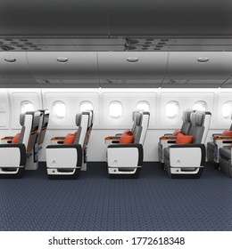 3D Render Of Premium Economy Cabin With Safe Comfortable Seats For Travelling On A Passenger Airplane