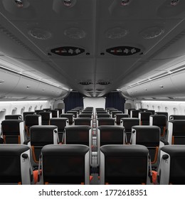 3D Render Of Premium Economy Cabin With Safe Comfortable Seats For Travelling On A Passenger Airplane