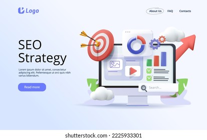 3D render presentation SEO strategy abstract concept illustration. Media optimization, local search, boost in traffic, search engine targeting, business digital promotion, visitor growth 3D