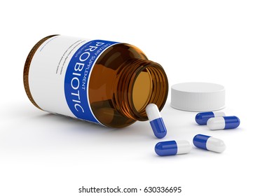 3d Render Of Probiotic Pills In Bottle Isolated Over White Background