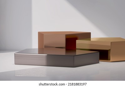3D render products display background, blank empty sets of shiny metal gold, copper, silver podiums with sunlight. Realistic, Space, Beauty, Cosmetics, Backdrop, Templates, Palladium, Rhodium, Nickel.