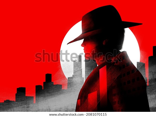 3d render\
profile portrait illustration of detective man in hat on red\
colored cityscape with shining moon\
background.