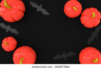 3d render pumpkin, paper bat on orange background. Minimal concept. Holiday decoration pumpkin for celebration halloween event template. Flat lay