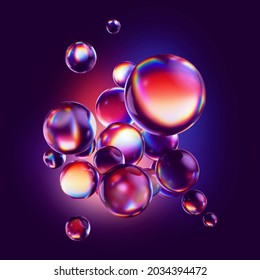 3d render, purple background with abstract colorful glass balls or iridescent bubbles glowing in ultraviolet neon light
